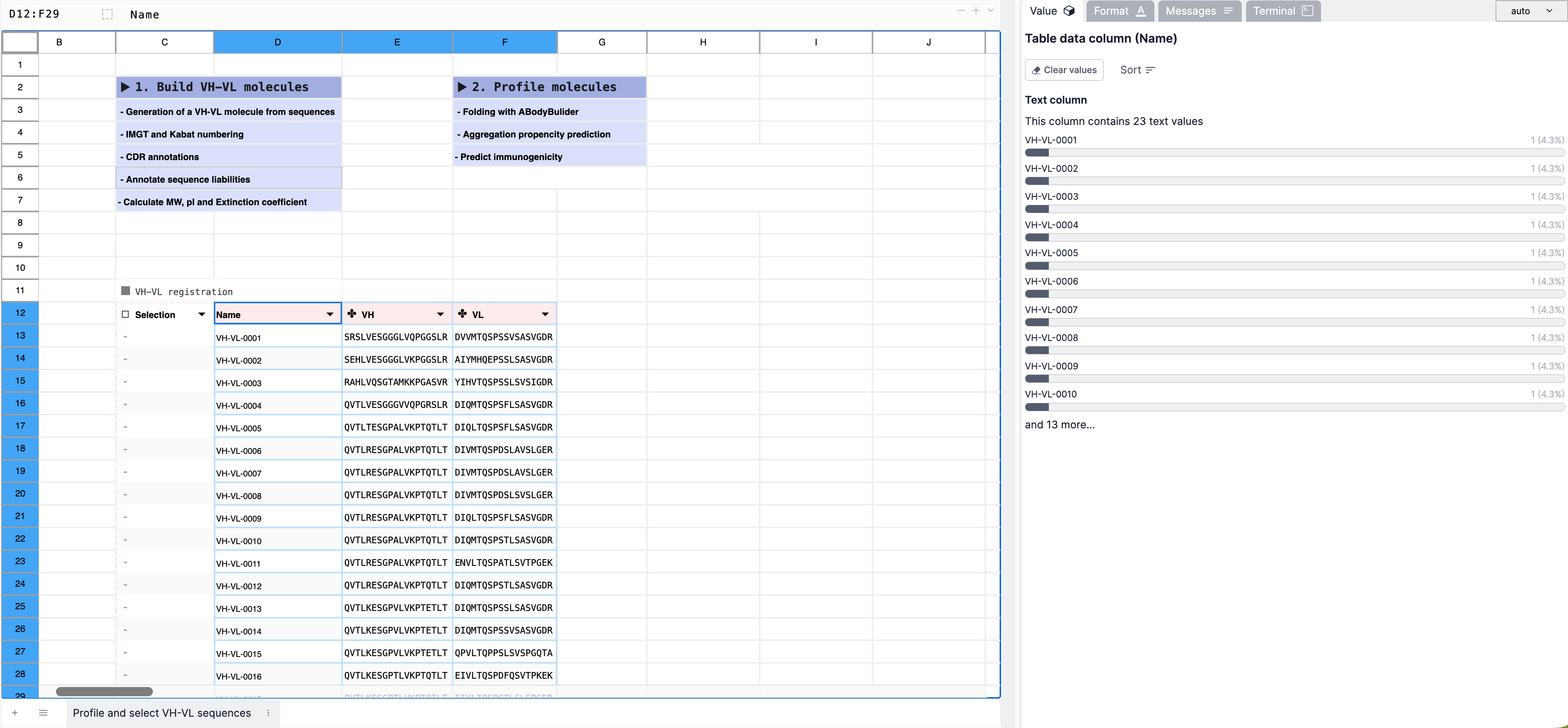Bionamic workbook table with VH and VL antibody sequences